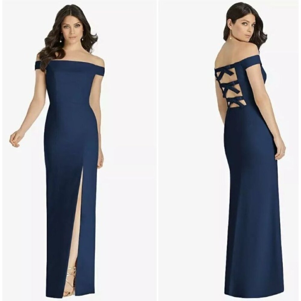 Dessy Collection Vivian Diamond Blue Crepe Bridesmaids Dress Size 10‎ 3040 Bow